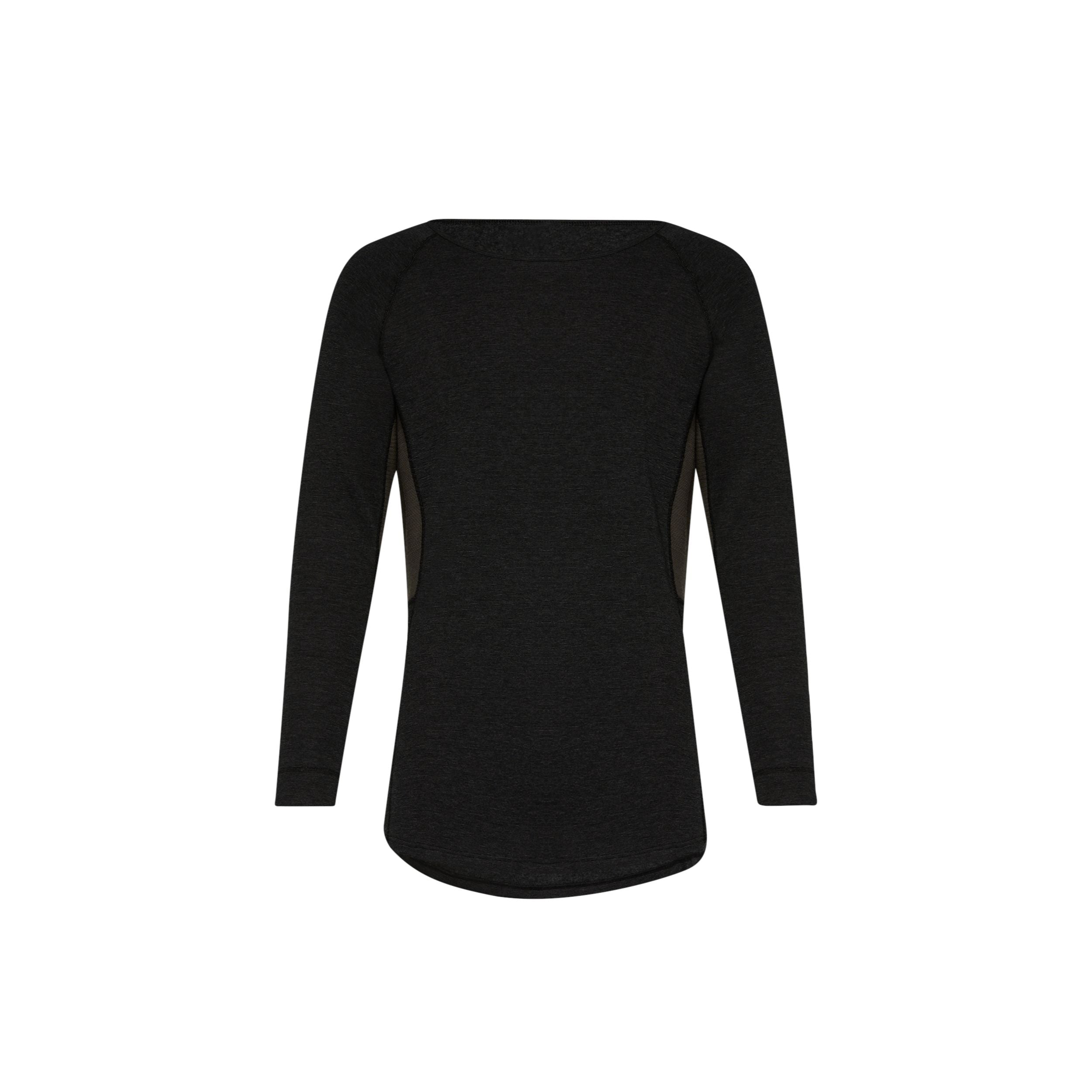 Ein schlichtes, schwarzes, langärmeliges Shirt mit Rundhalsausschnitt ist auf weißem Hintergrund abgebildet. Das Shirt hat einen leicht geschwungenen Saum und eine taillierte Form.