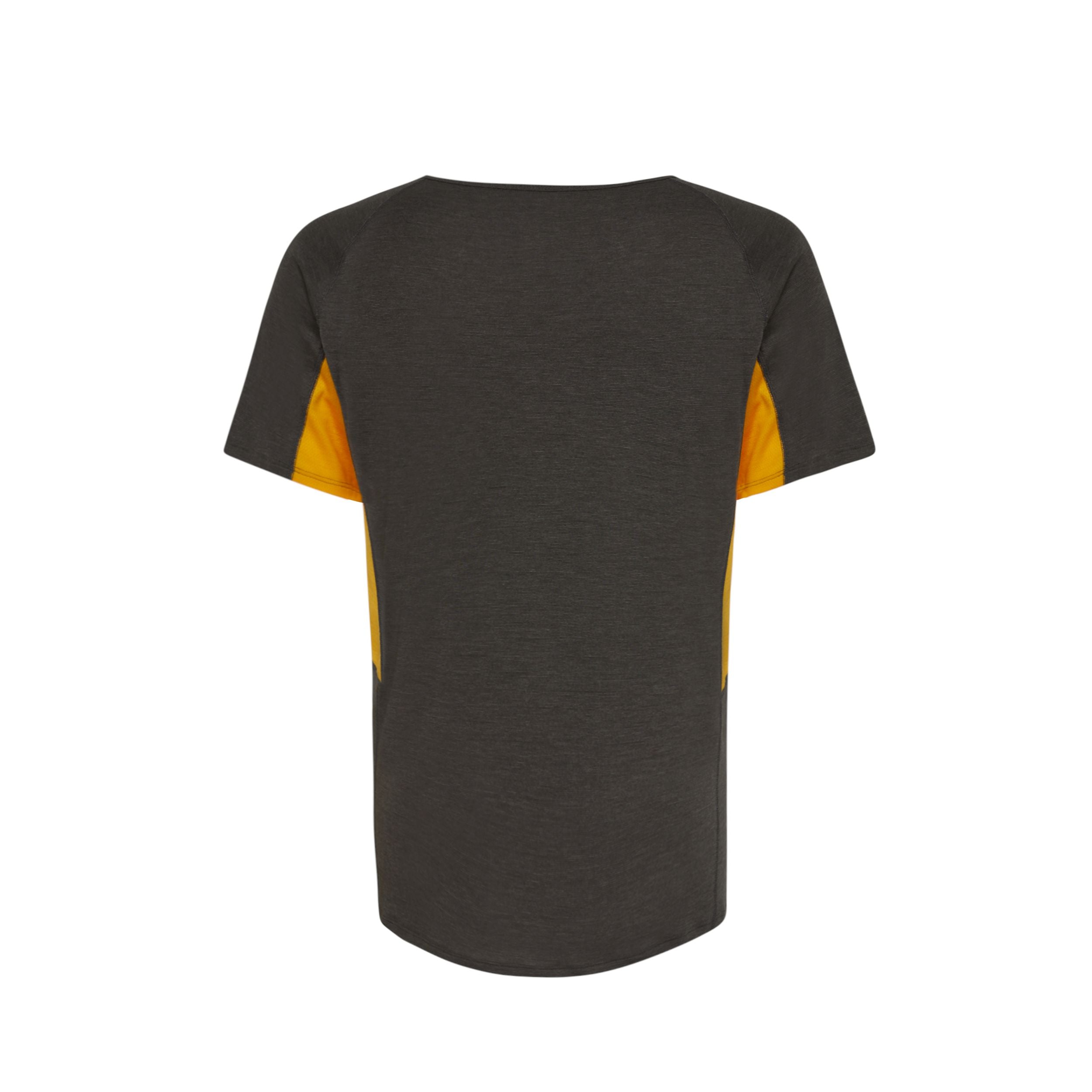 Dunkelgraues, kurzärmeliges T-Shirt mit gelben Einsätzen an den Seiten, von hinten gesehen.