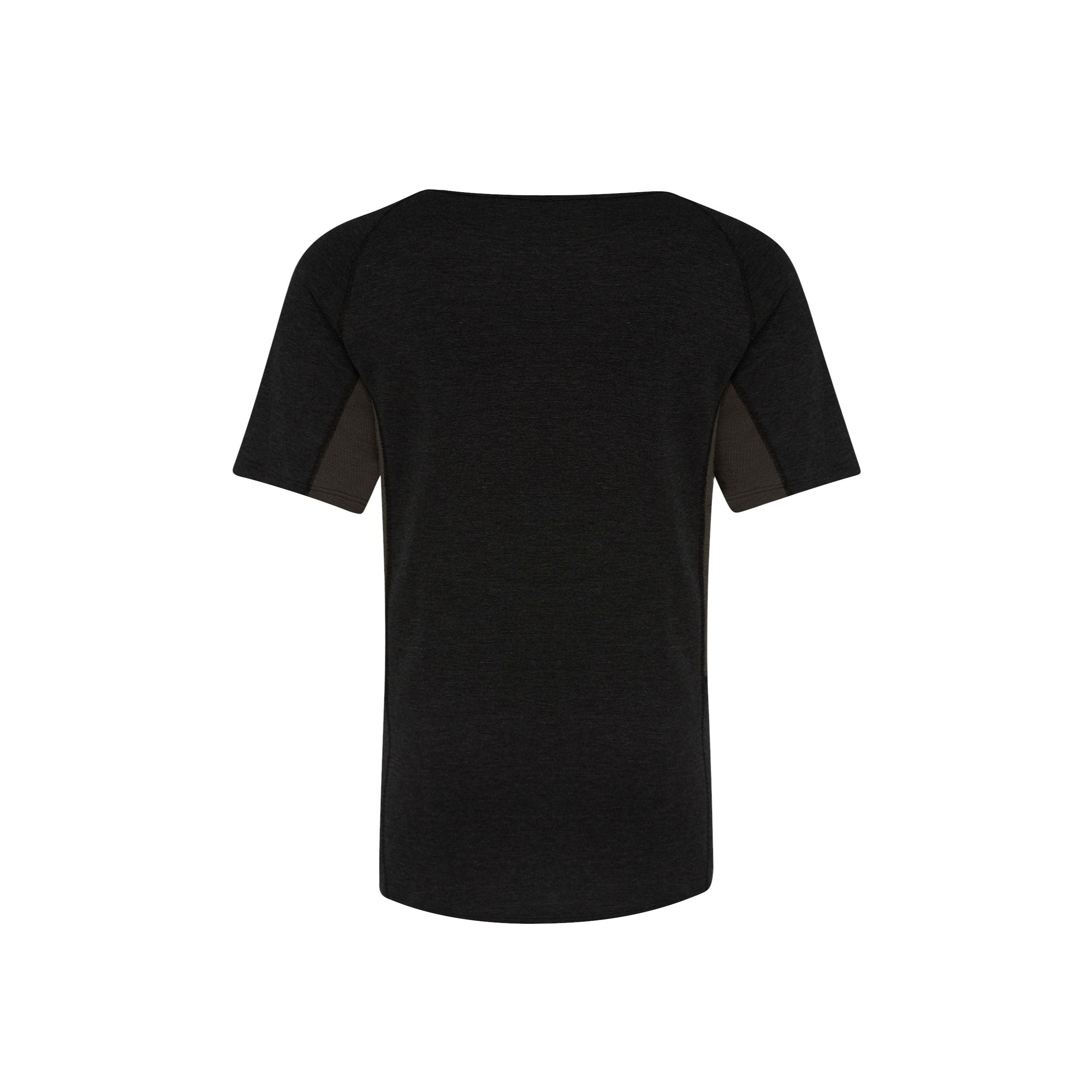 Rückenansicht eines schlichten, kurzärmeligen schwarzen T-Shirts auf weißem Hintergrund. Das Shirt hat ein einfaches Design ohne sichtbare Logos oder Muster.