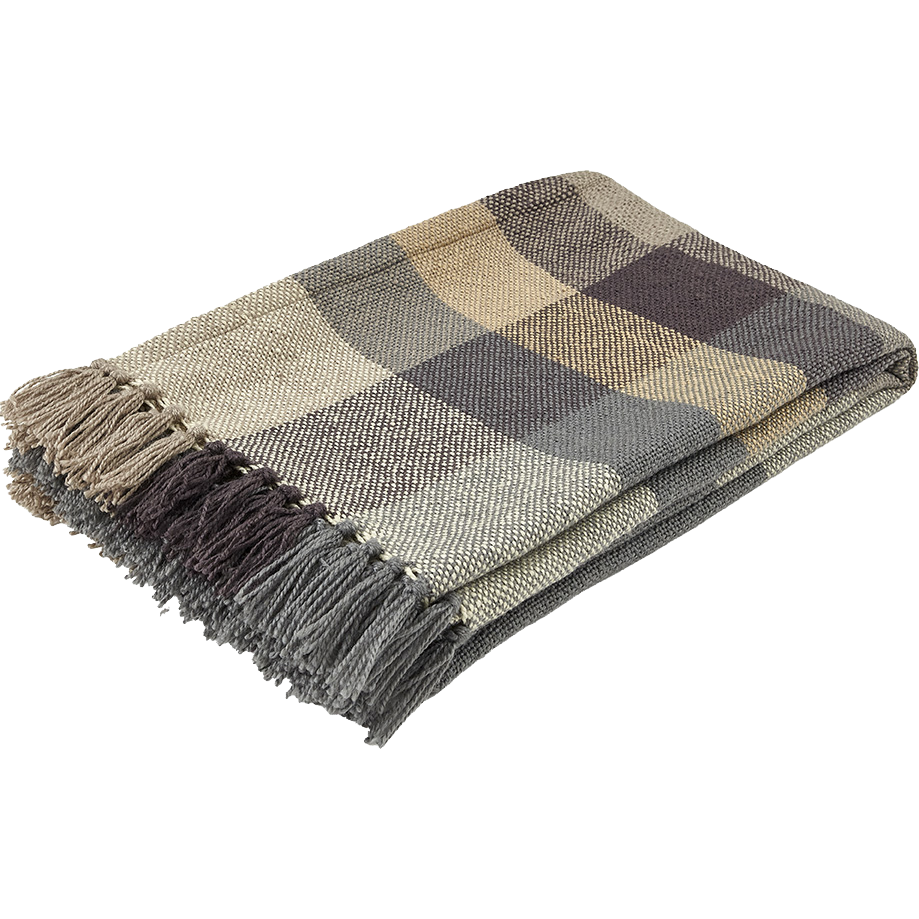 Eine gefaltete Decke mit Fransen und einem großen Karomuster in Grau-, Beige- und Brauntönen.