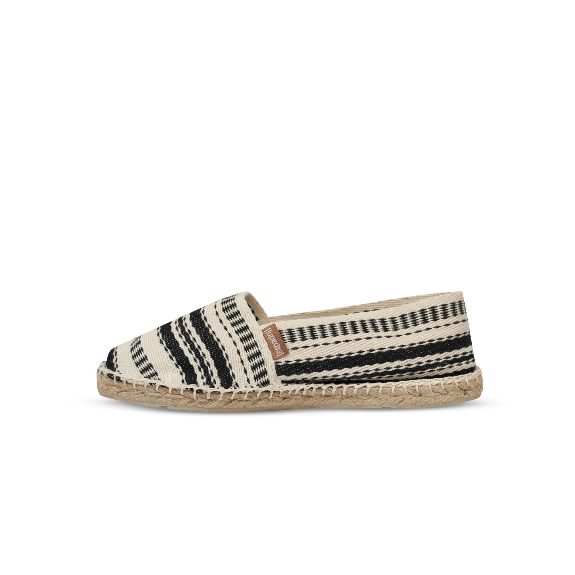 Beiger Espadrilles-Schuh mit schwarzen Streifen und geflochtener Jutesohle, seitlich beschriftet.