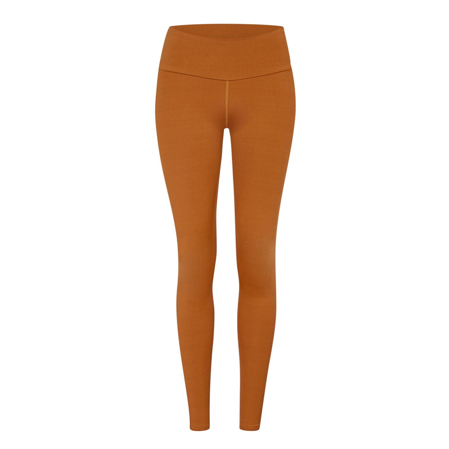 Orangefarbene Leggings mit hohem Bund vor weißem Hintergrund.