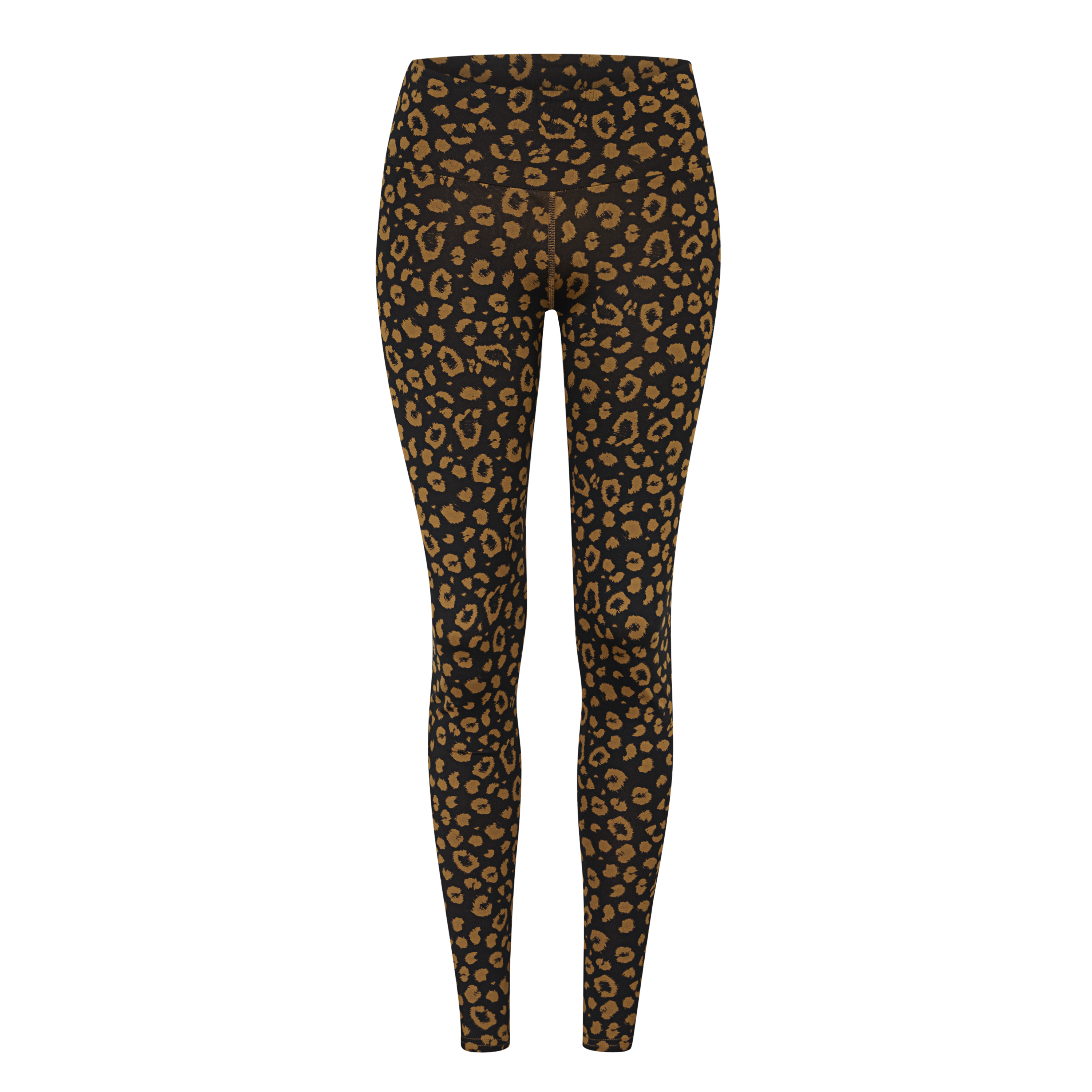 Schwarze Leggings mit Leopardenmuster in Brauntönen, von vorne fotografiert.