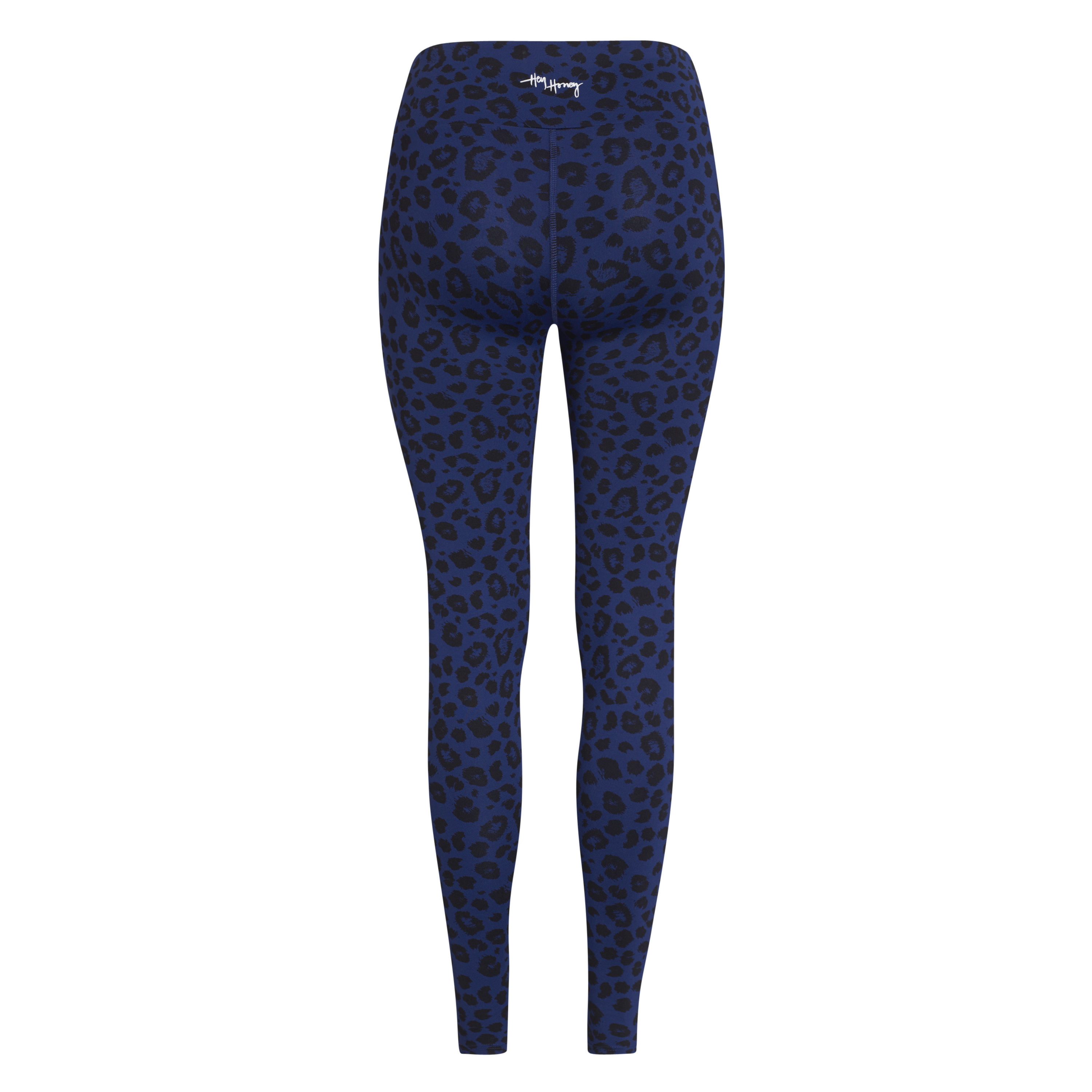 Blaue Leggings mit schwarzem Leopardenmuster, Ansicht von hinten.