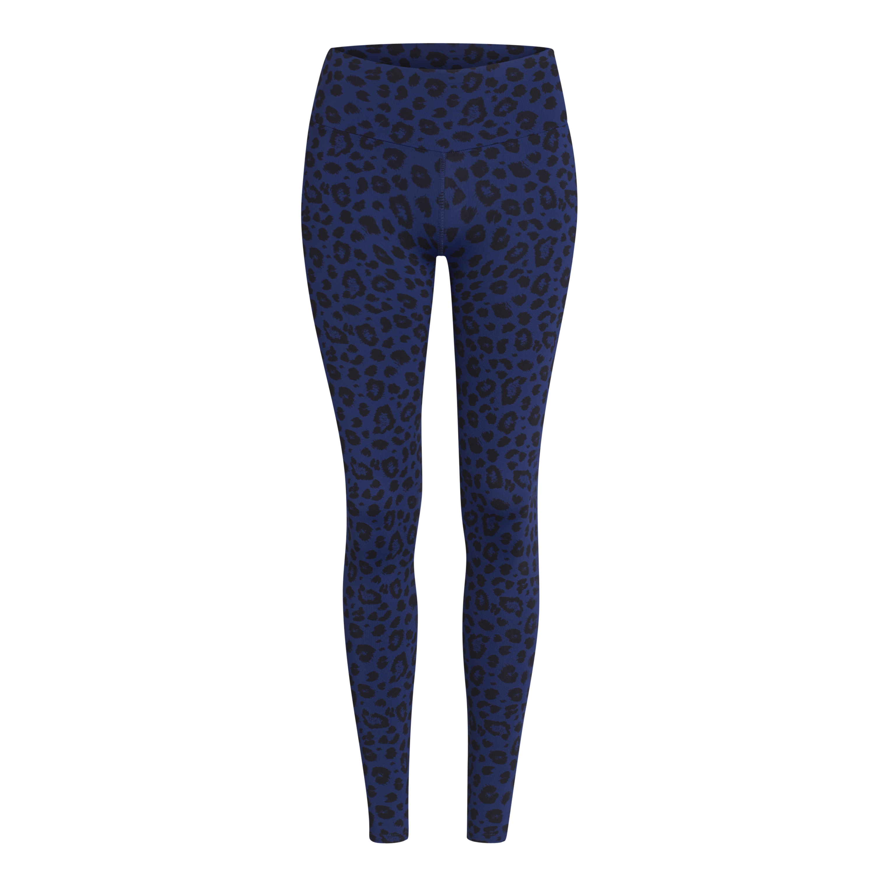 Blaue Leggings mit schwarzem Leopardenmuster auf weißem Hintergrund.