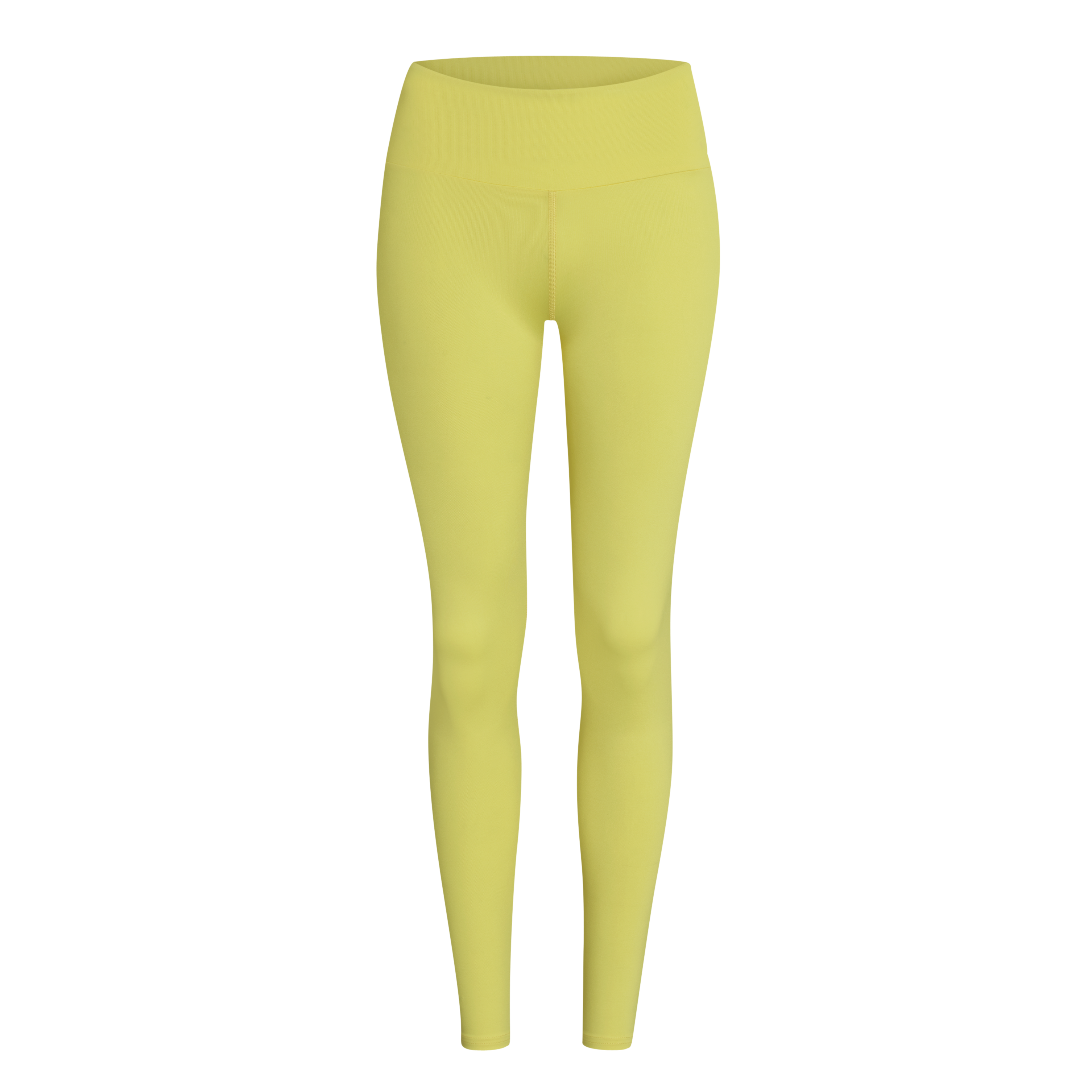 Gelbe Leggings vor weißem Hintergrund, mit hohem Bund und schmaler Passform.