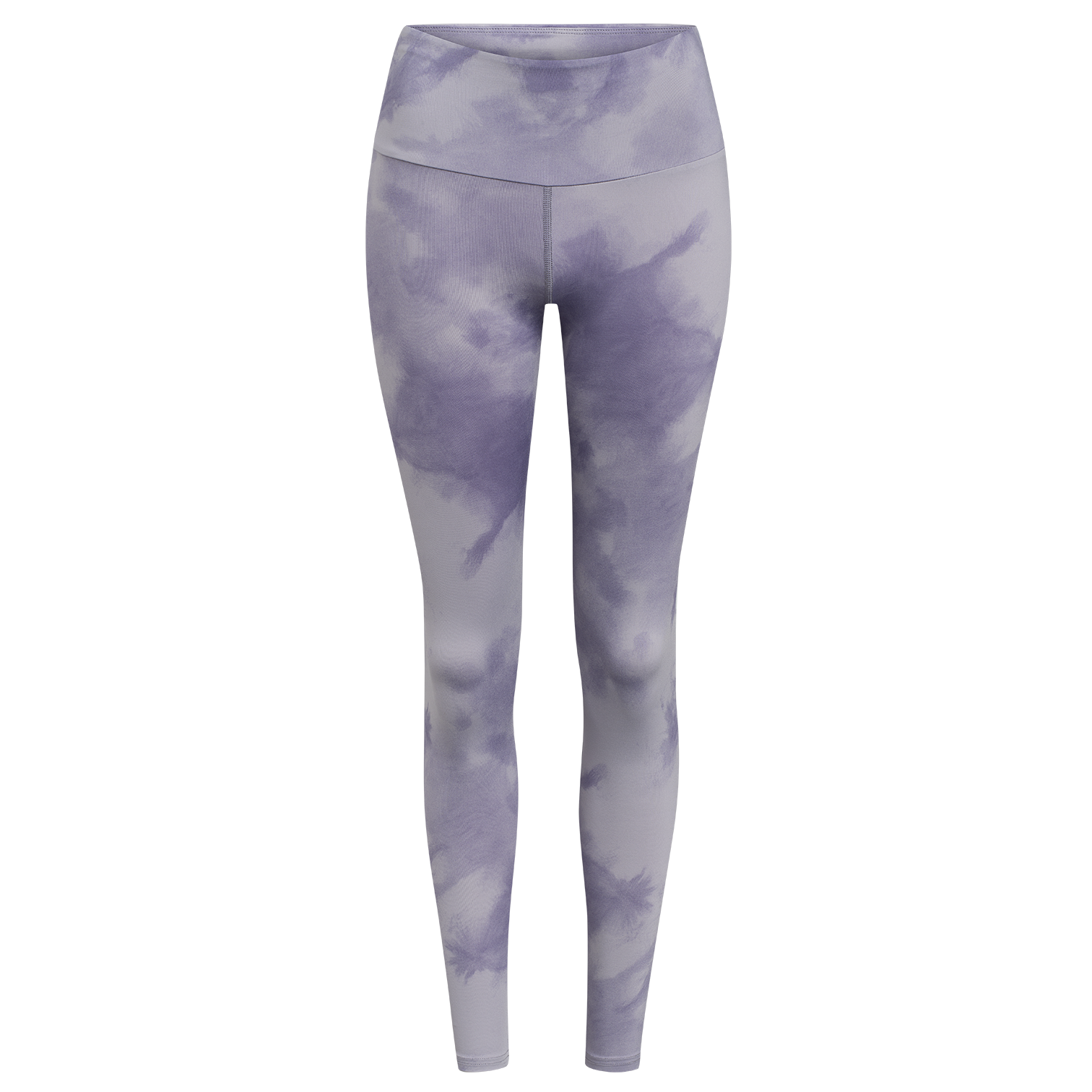 Graue Leggings mit lila Batikmuster, hoch tailliert und eng anliegend.