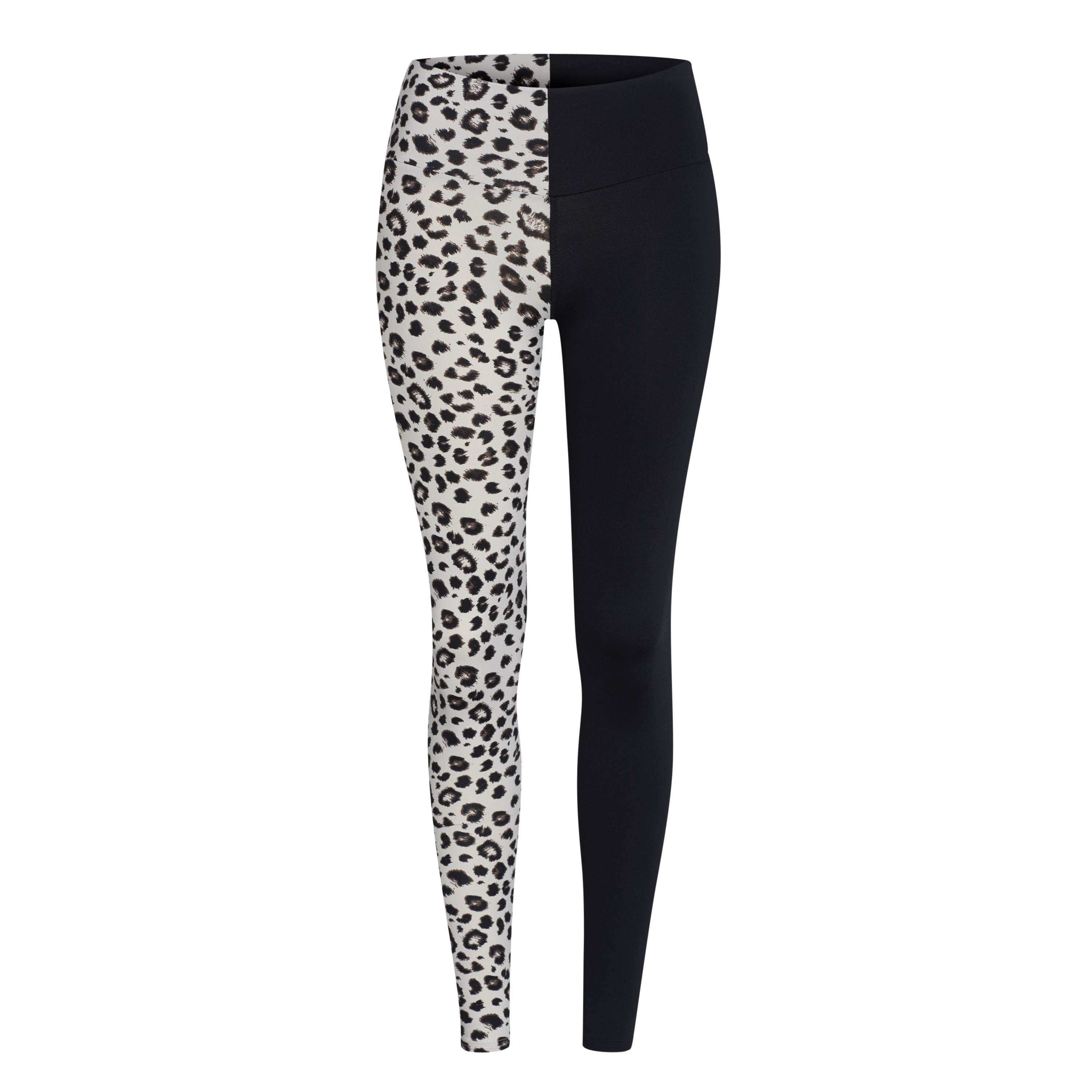 Zweiteilige Leggings: eine Seite mit Leopardenmuster, die andere Seite schwarz.