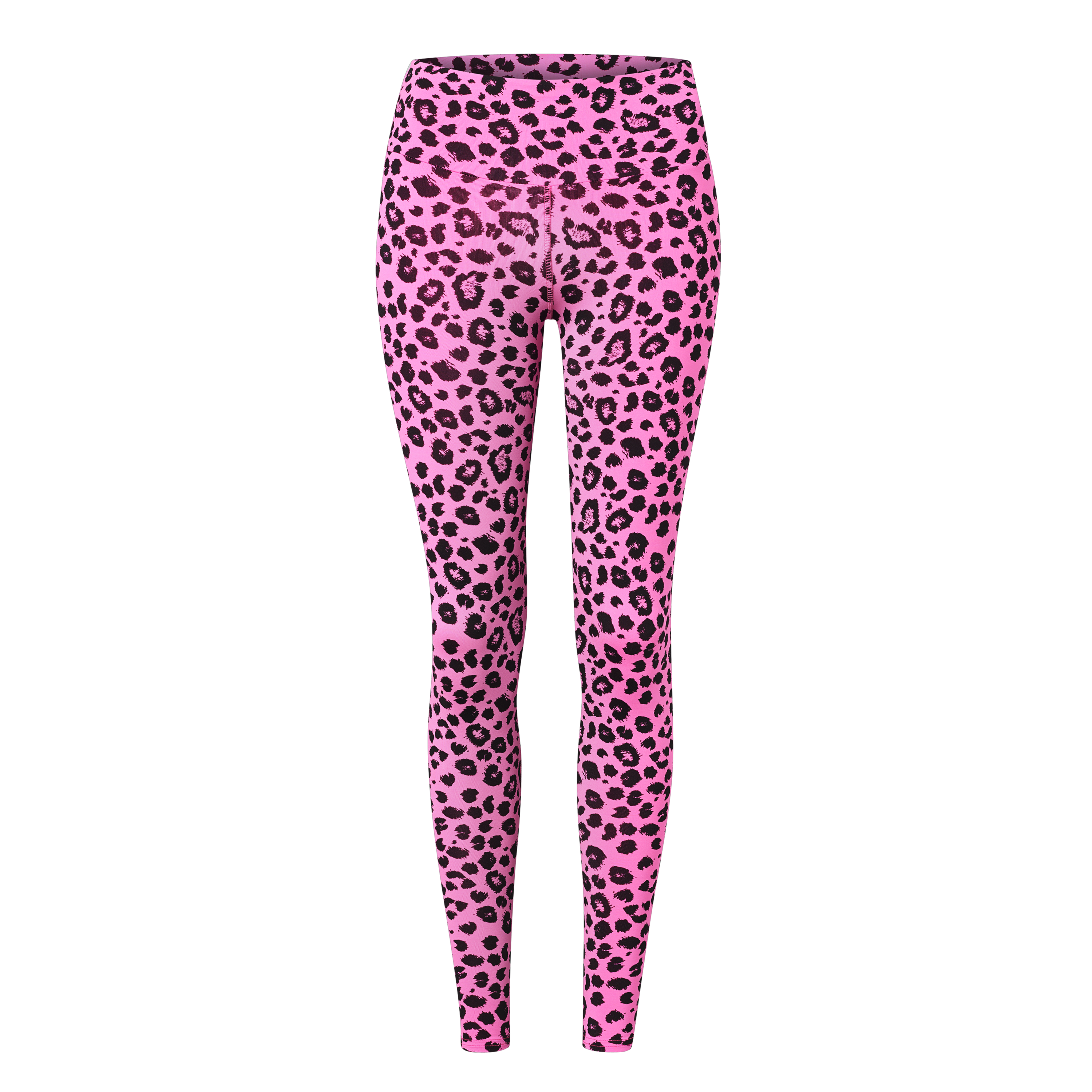 Pinkfarbene Leggings mit schwarzem Leopardenmuster, von vorne betrachtet.
