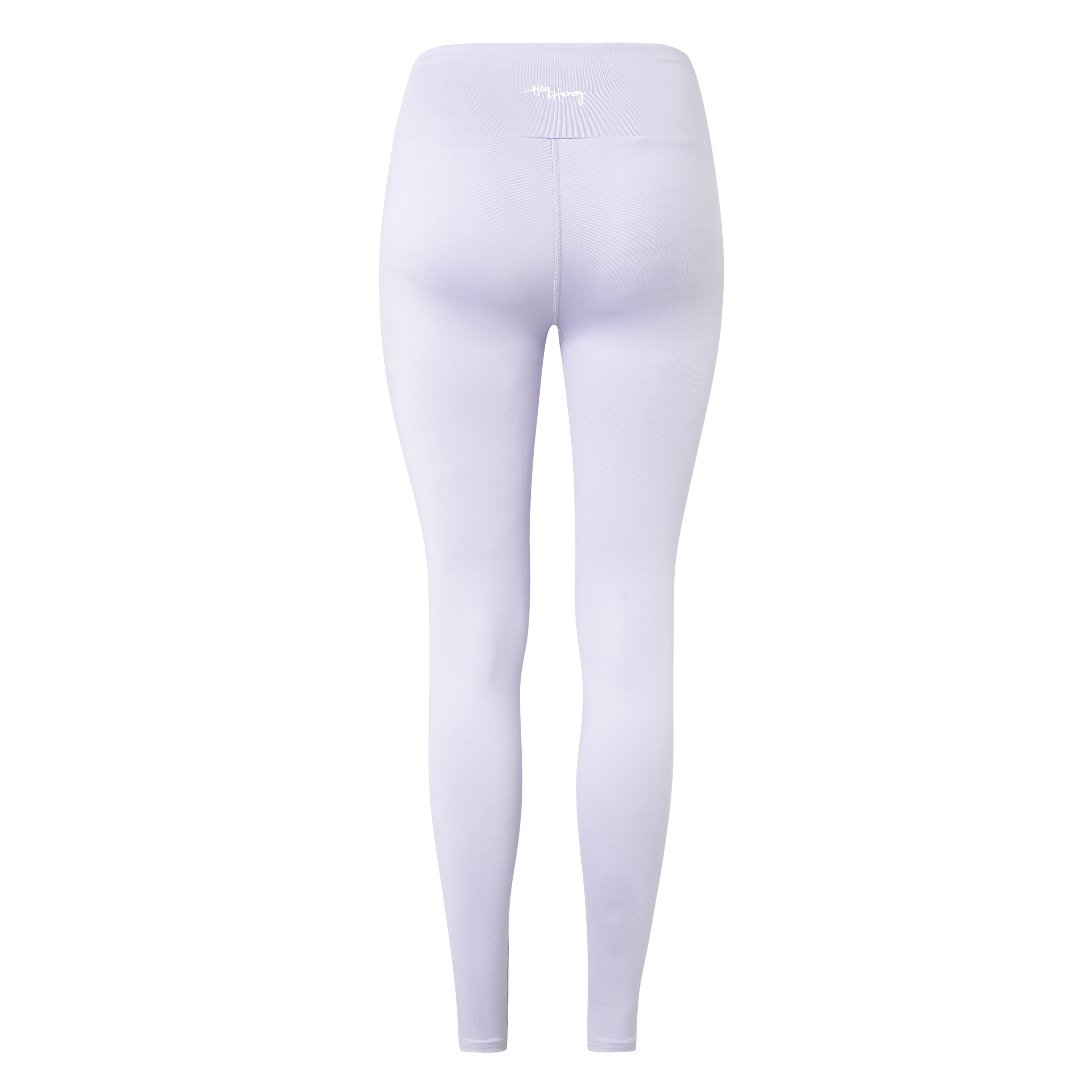 Hoch taillierte, lila Leggings von hinten, mit elastischem Bund und glatter Oberfläche.