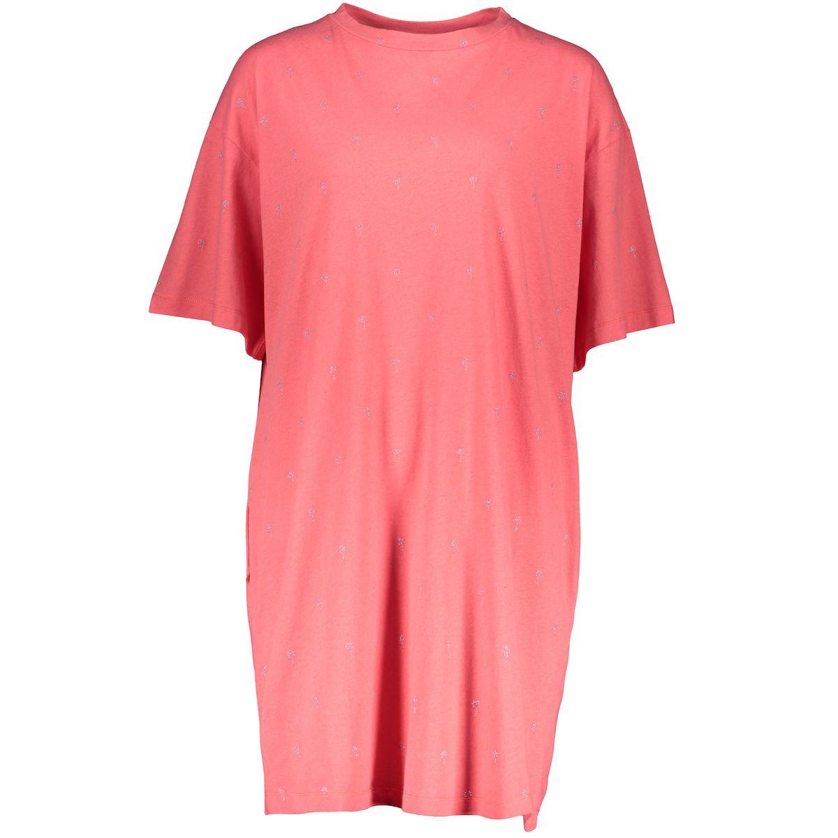 Rosa T-Shirt-Kleid mit kurzen Ärmeln und kleinen grauen Punkten als Muster.