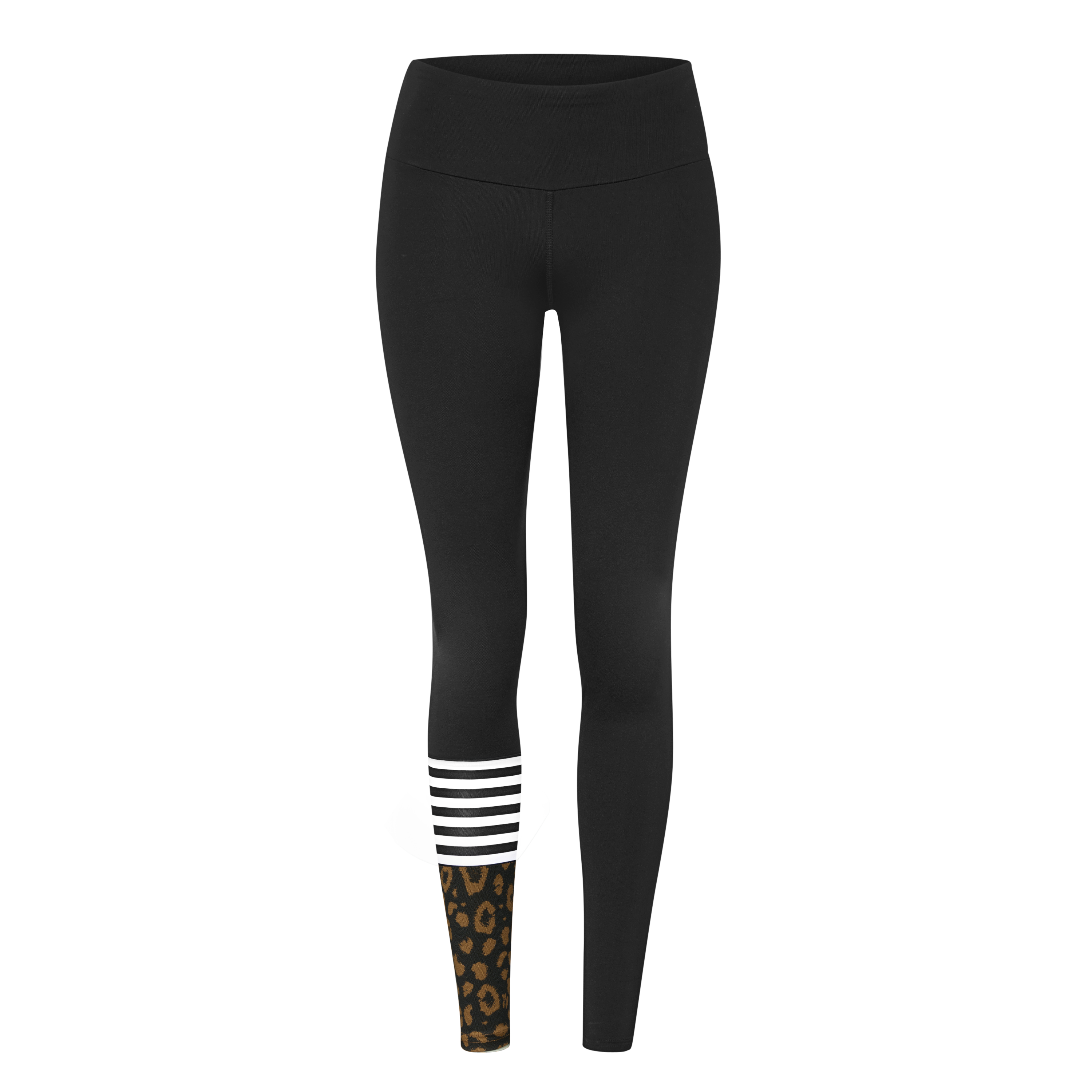 Schwarze Leggings mit weißen Streifen am linken Bein und Leopardenmuster unten.