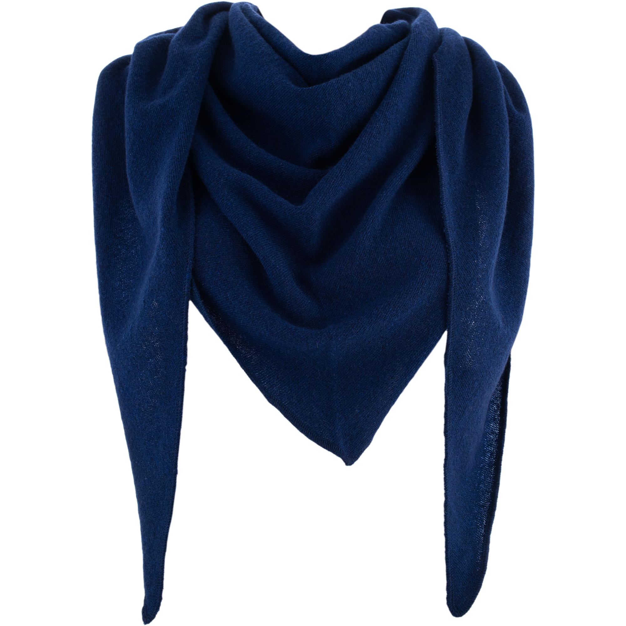 Ein dunkelblaues, dreieckiges Tuch mit langen, spitzen Enden, das in weichen Falten vor einem weißen Hintergrund drapiert ist.