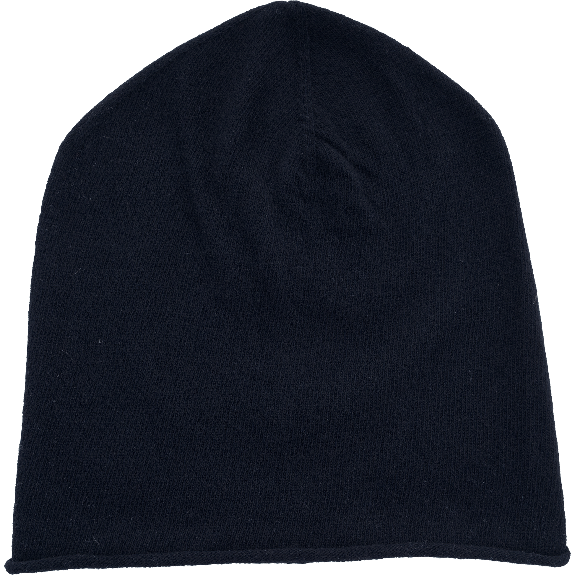 Eine einfache, schwarze Strickmütze auf weißem Hintergrund.