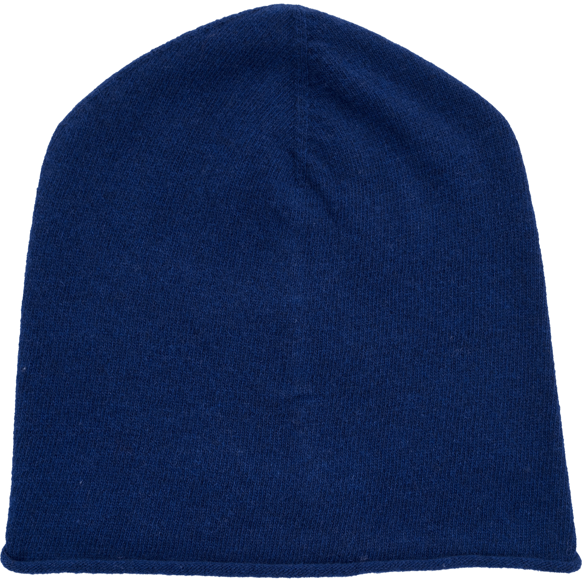 Eine schlichte, dunkelblaue Strickmütze, die flach vor einem weißen Hintergrund steht.
