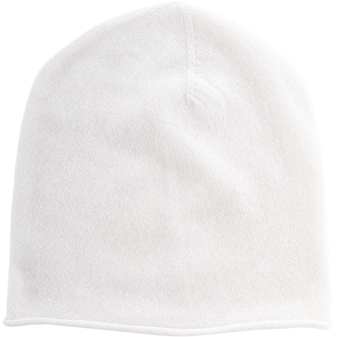 Eine schlichte, hellbeige Strickmütze ist vor einem weißen Hintergrund abgebildet. Die Mütze hat ein einfaches, nahtloses Design mit einer leicht abgerundeten Spitze und ohne sichtbare Logos oder Verzierungen.