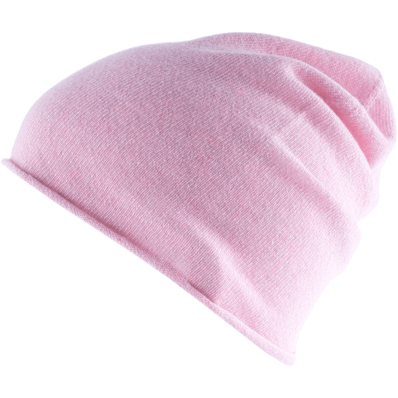 Eine hellrosa, gestrickte Beanie-Mütze ist auf einem weißen Hintergrund abgebildet. Die Mütze hat eine bequeme Passform, ein einfaches, nahtloses Design und keine sichtbaren Logos oder Verzierungen.