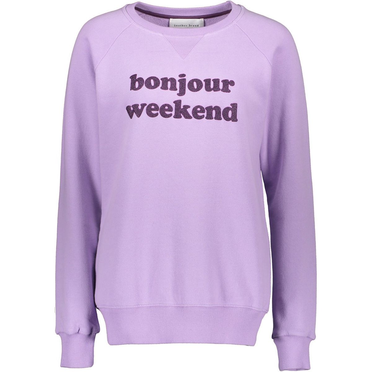 Lila Pullover mit der Aufschrift "bonjour weekend" in dunkelviolettem Schriftzug auf der Vorderseite.
