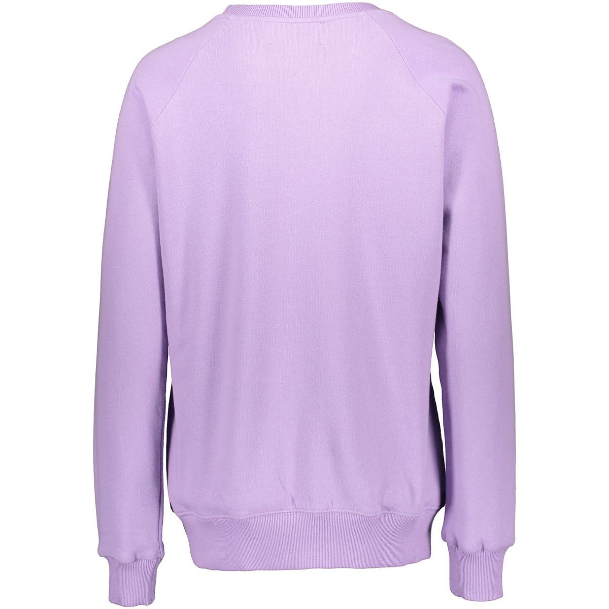 Rückansicht eines lilafarbenen Sweatshirts mit langen Ärmeln und elastischem Bund und Bündchen.