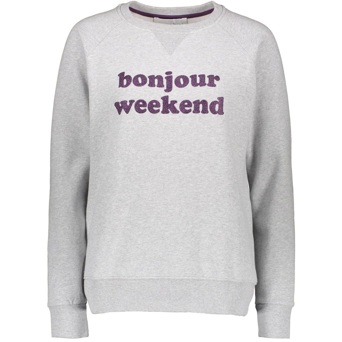 Grauer Pullover mit lila Textaufdruck "bonjour weekend" auf der Vorderseite.
