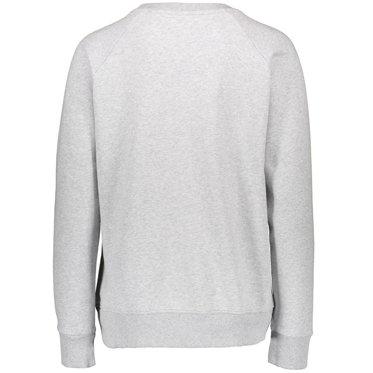 Rückansicht eines grauen Sweaters mit langen Ärmeln, aus weichem Stoff mit Bündchen an den Ärmeln und am Saum.