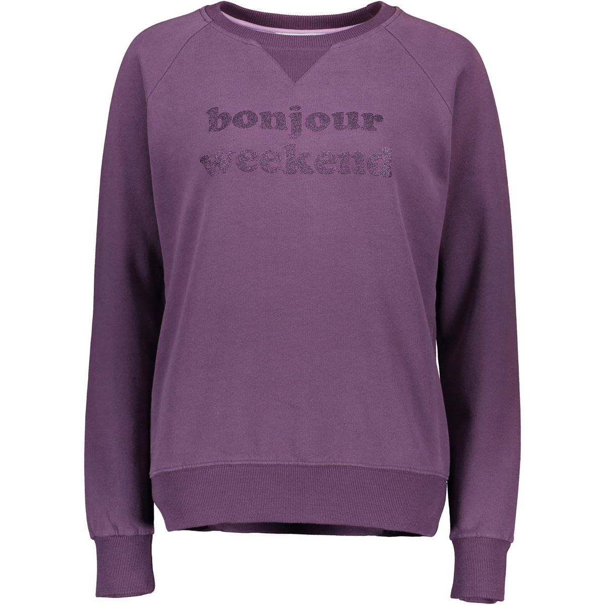 Lila Sweatshirt mit Schriftzug "bonjour weekend" in glitzernder Schrift auf der Vorderseite.