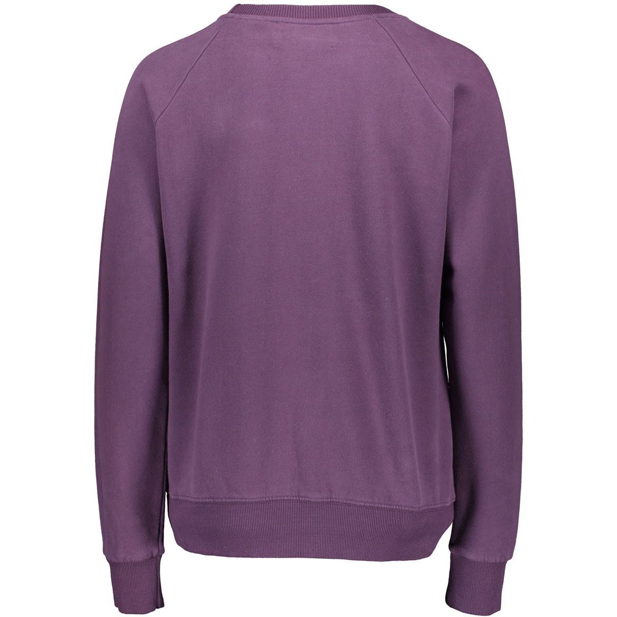 Lila Pullover aus Baumwollstoff, von hinten fotografiert, mit langen Ärmeln und Rundhalsausschnitt.