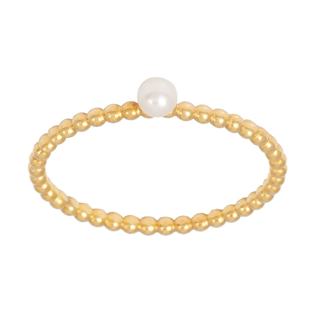 Ein zarter Goldperlenring mit einer einzelnen kleinen weißen Perle in der Mitte des Rings.
