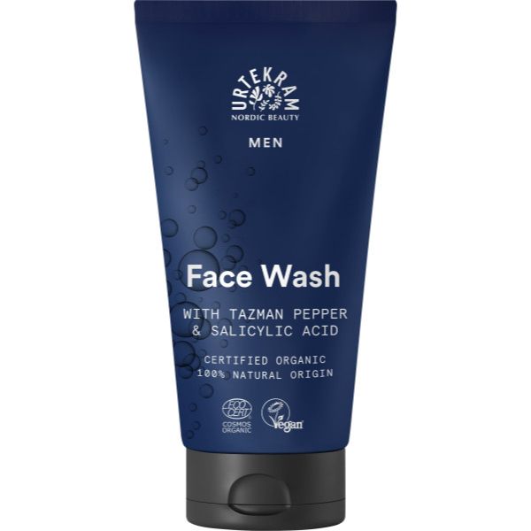 Dunkelblaue Tube von "Urtekram Men" Gesichtsreiniger mit Tazmanischer Pfeffer und Salicylsäure.