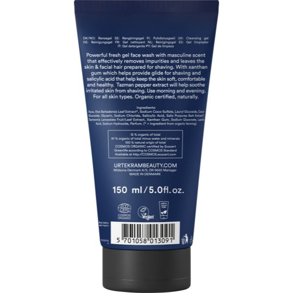 Rückseite einer blauen Gesichtsreinigungsgel-Tube mit englischem Text, Inhaltsstoffen und einem Barcode.