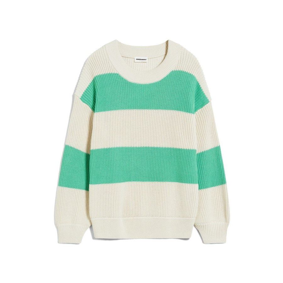 Gestreifter Pullover mit breiten grünen und cremefarbenen Streifen, aus grobem Strick gefertigt.