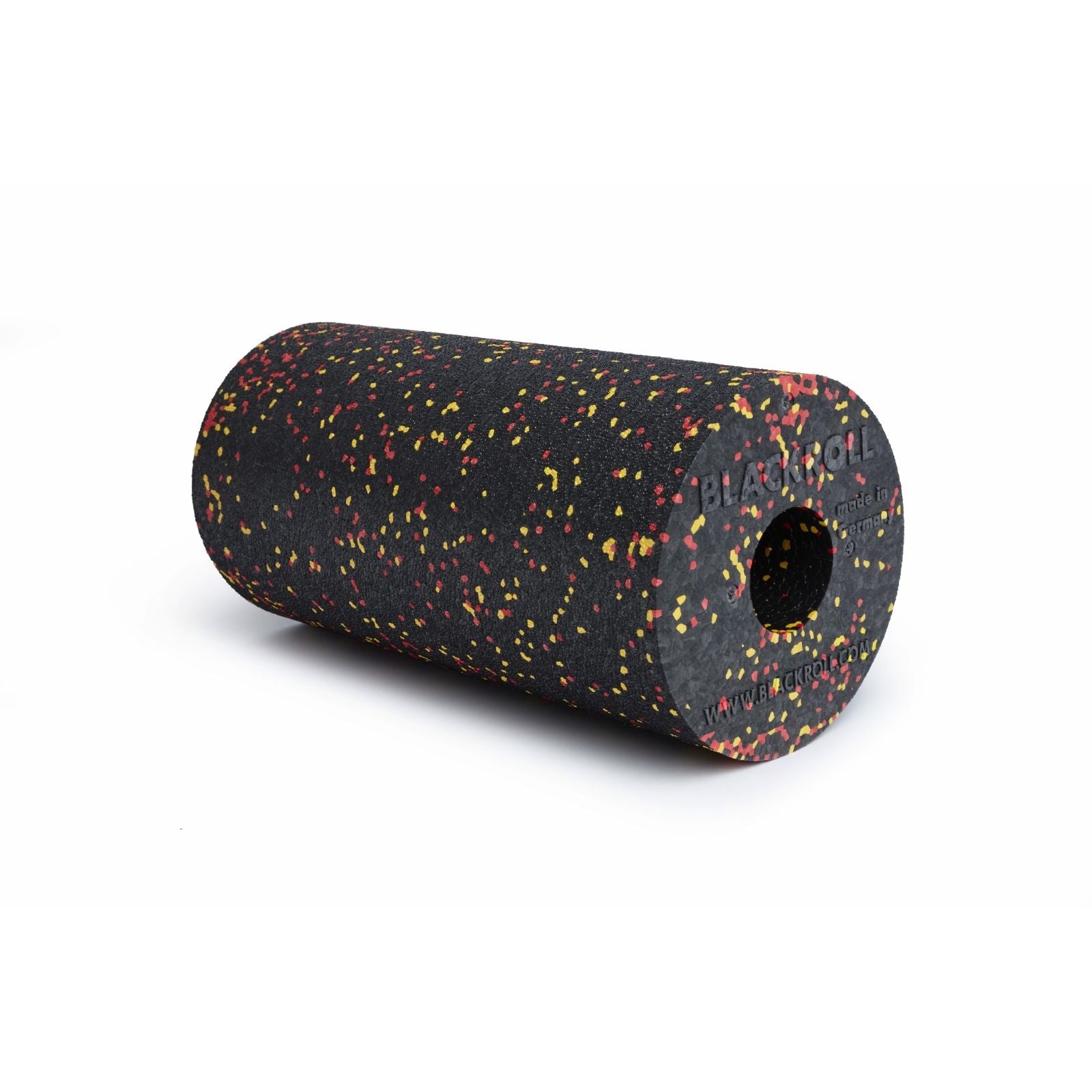 Schwarze Schaumstoffrolle mit roten und gelben Sprenkeln, zur Muskelmassage und Entspannung.