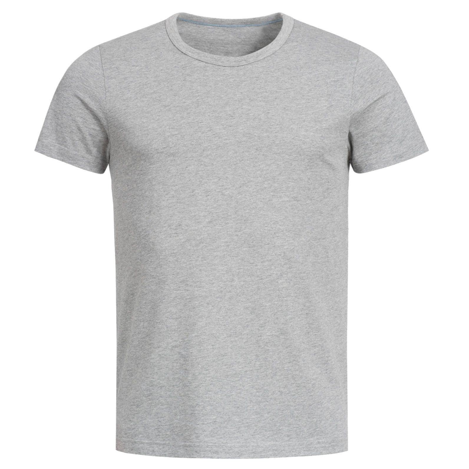 Graues T-Shirt mit kurzen Ärmeln und Rundhalsausschnitt vor weißem Hintergrund.