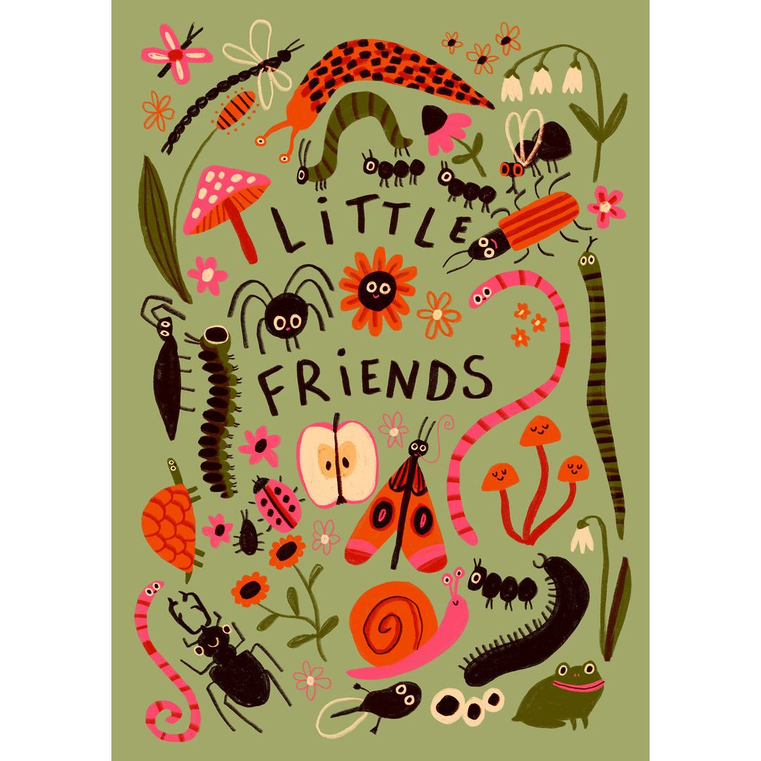 Bunte Zeichnung von Insekten, Schnecken und Pflanzen mit dem Text „Little Friends“ auf grünem Hintergrund.