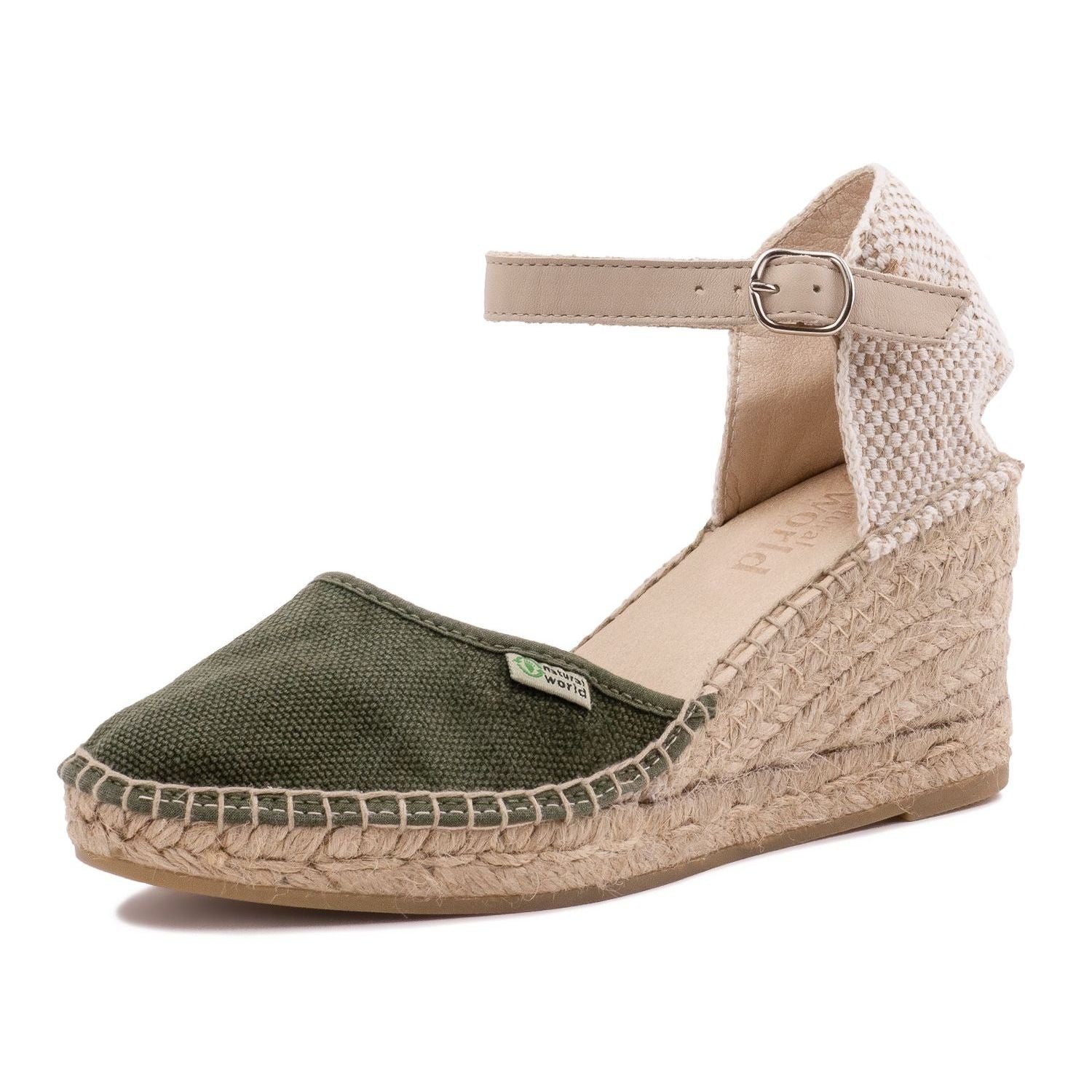 Natural World Vegane Damen Sandalen mit Keilabsatz Natur (Kaki Enz)
