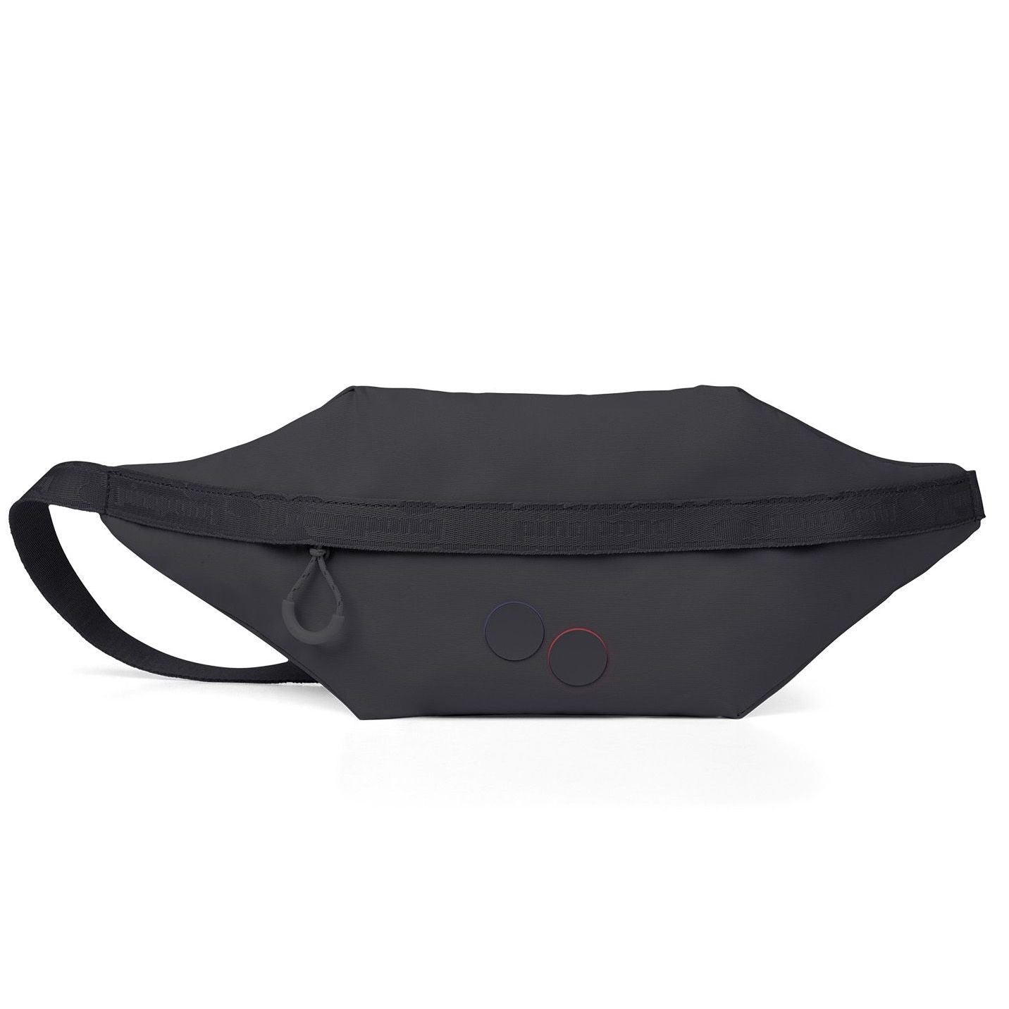 Schwarze Gürteltasche mit einfachem Design und zwei kleinen, runden Markierungen auf der Vorderseite.