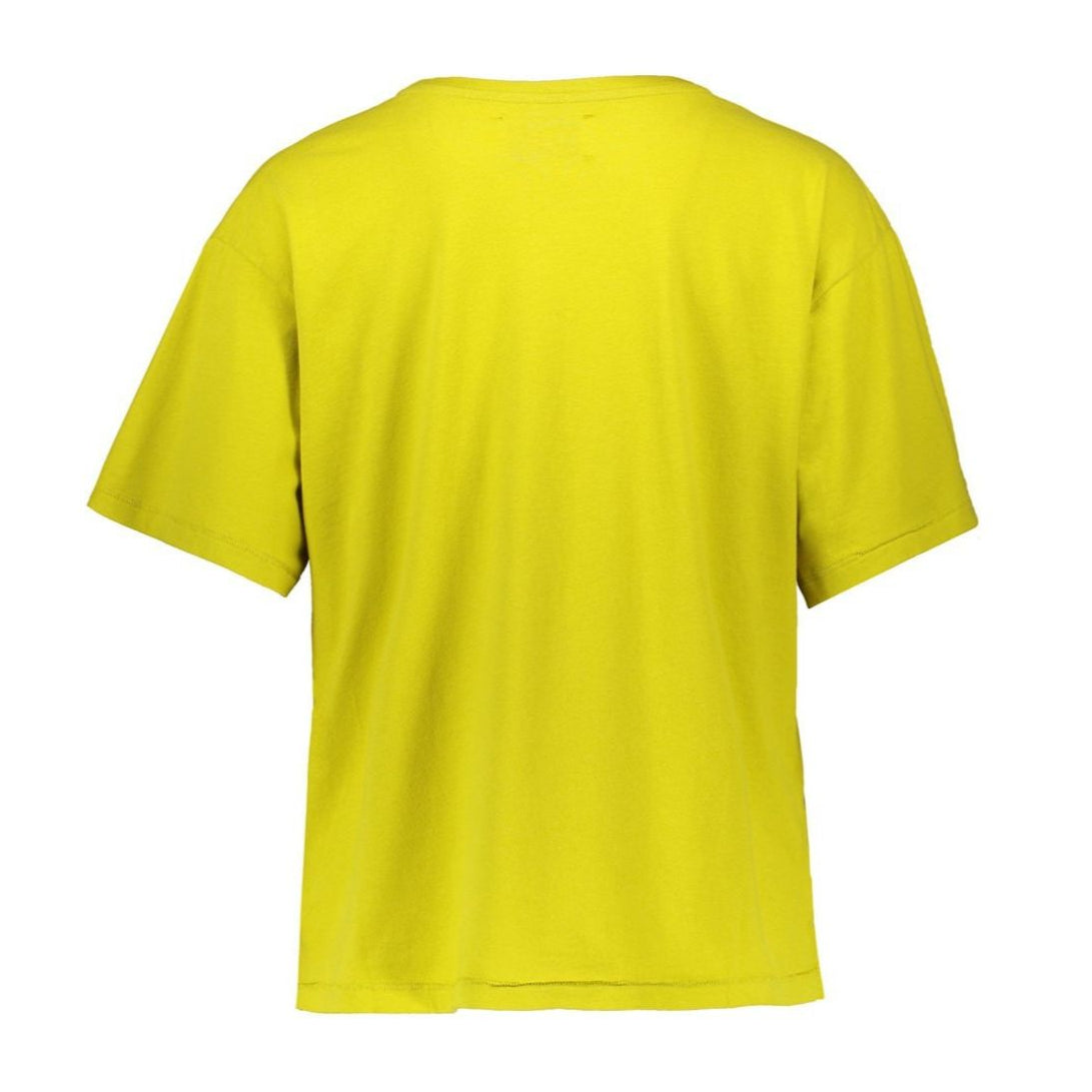 Gelbes T-Shirt von hinten mit kurzen Ärmeln und Rundhalsausschnitt.