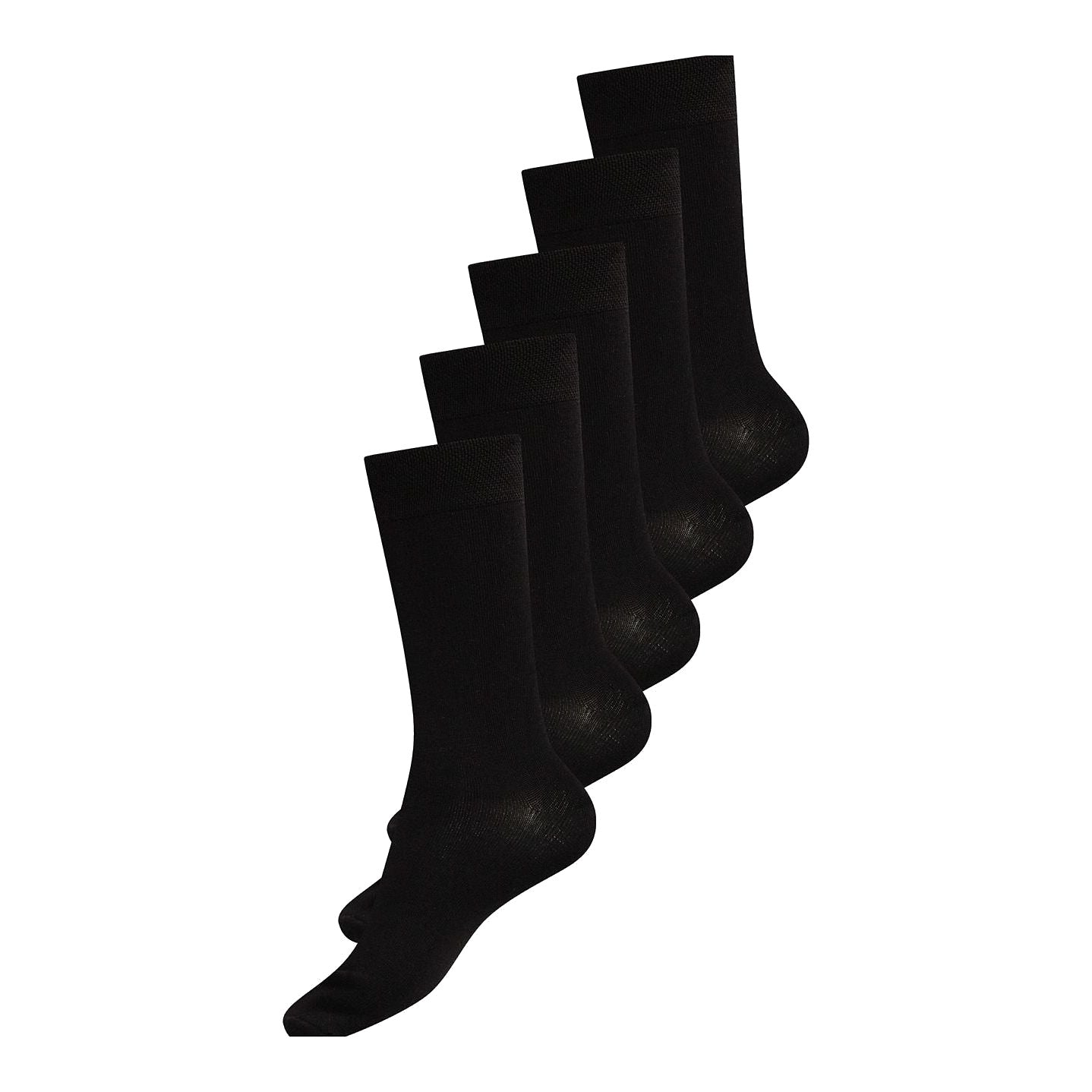 Fünf Paar schwarze Socken sind geordnet nebeneinander auf einem weißen Hintergrund abgebildet.