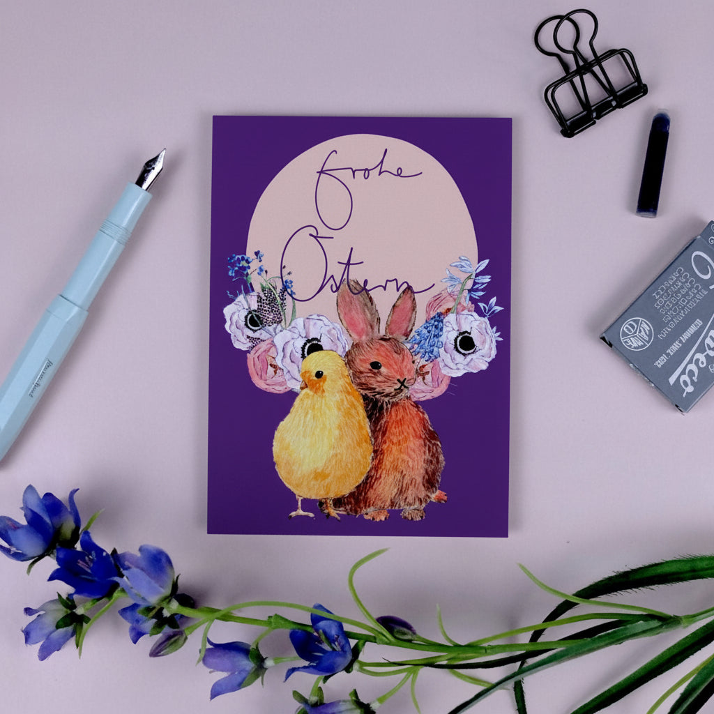 wonder of today Postkarte Hase und Küken (lila) DIN A6