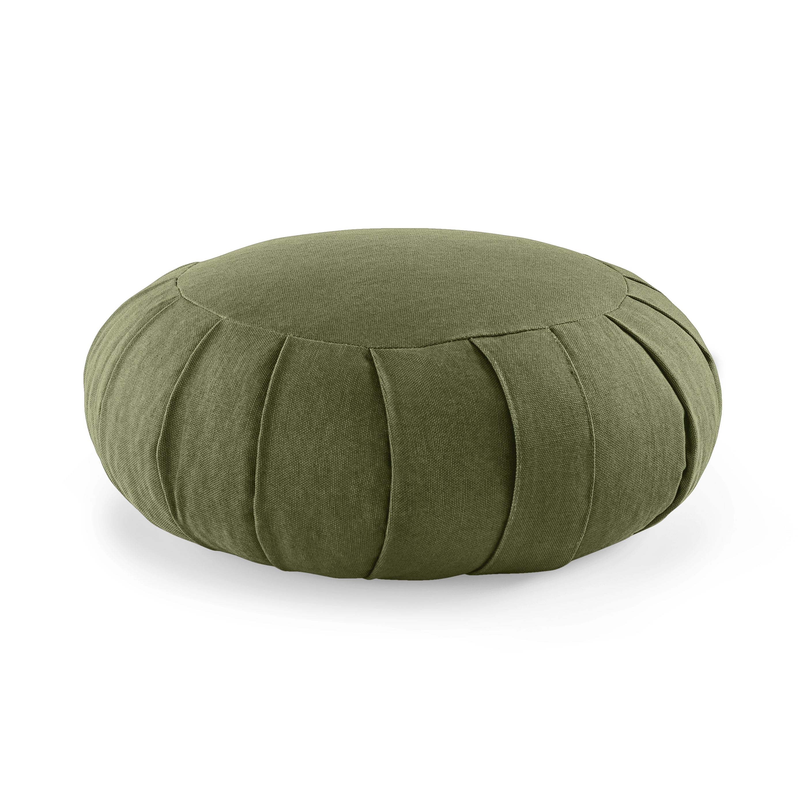 Ein grünes, rundes Sitzkissen mit gefaltetem Design auf weißem Hintergrund.