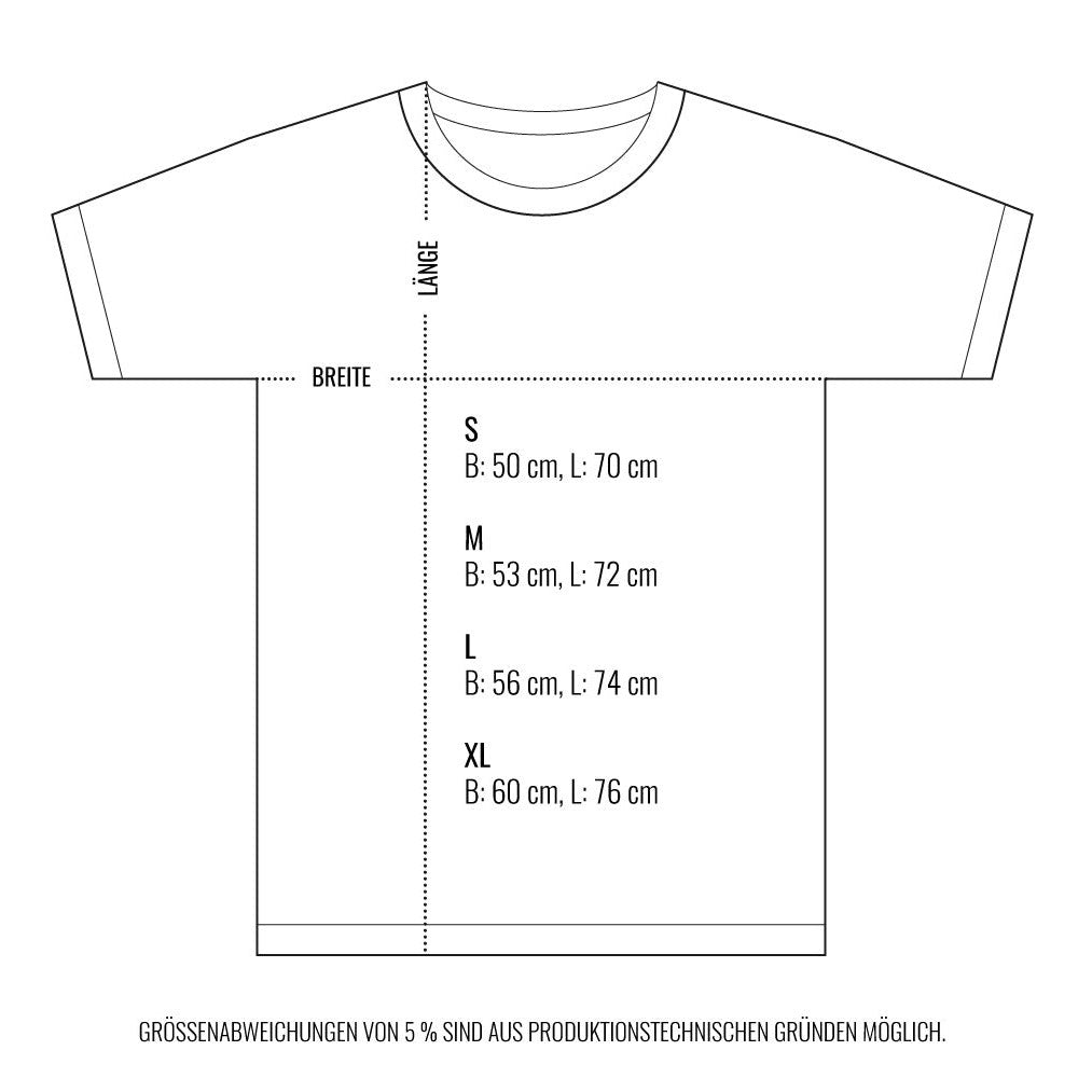 Diagramm eines T-Shirts mit Größentabelle: S bis XL, Breite und Länge in cm. Größenabweichungen von 5% möglich.