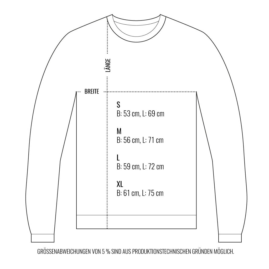 Strichzeichnung eines Pullovers mit Größenangaben: S, M, L, XL, Breite (B) und Länge (L) in Zentimetern.