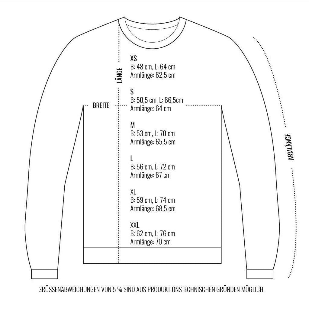Größentabelle für Pullover in den Größen XS bis XXL mit Maßen für Breite, Länge und Ärmellänge in Zentimetern.