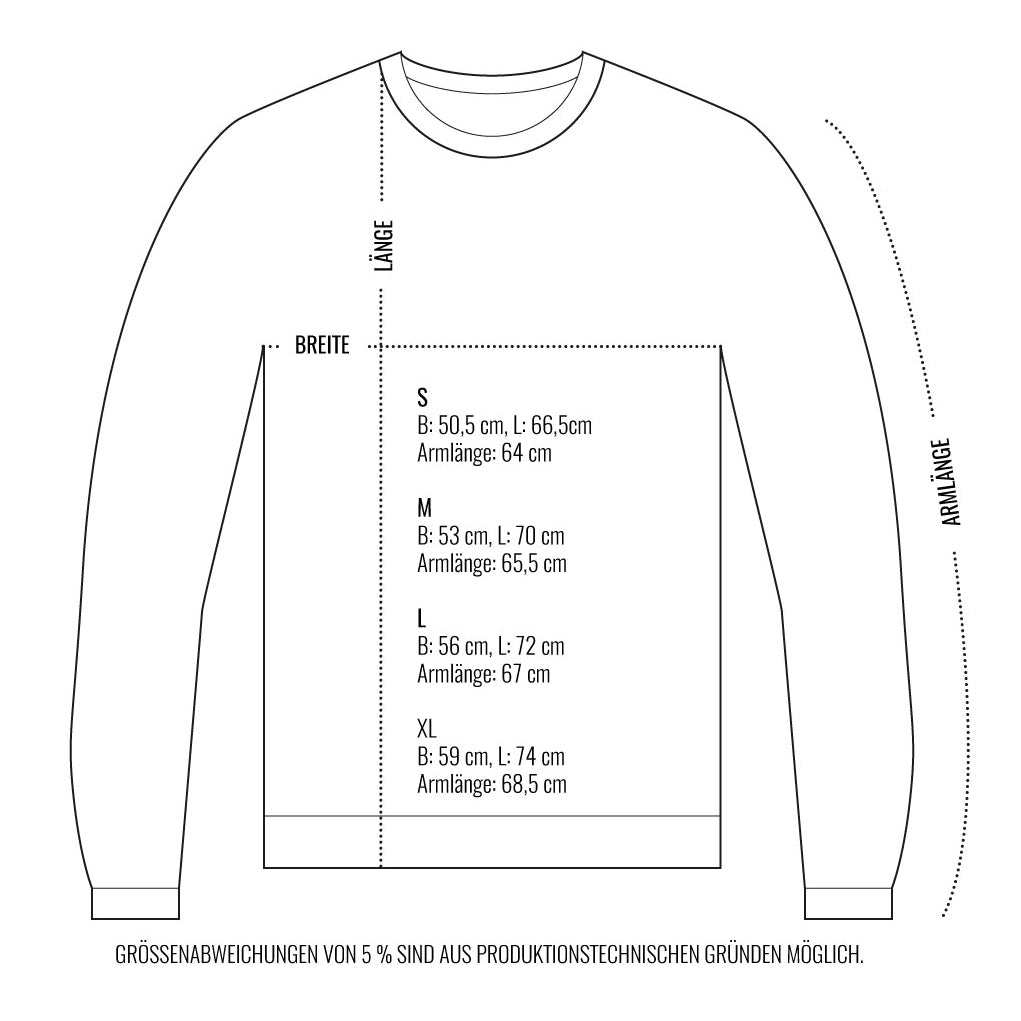 Diagramm eines Pullovers mit Abmessungen für Größen S bis XL, inklusive Breite, Länge und Armlänge in Zentimetern.