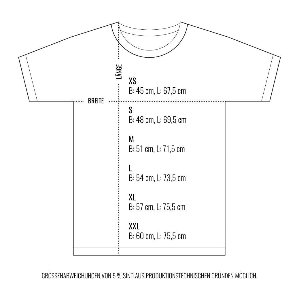 Größentabelle für T-Shirts mit Breiten- und Längenangaben in Zentimetern für die Größen XS bis XXL.
