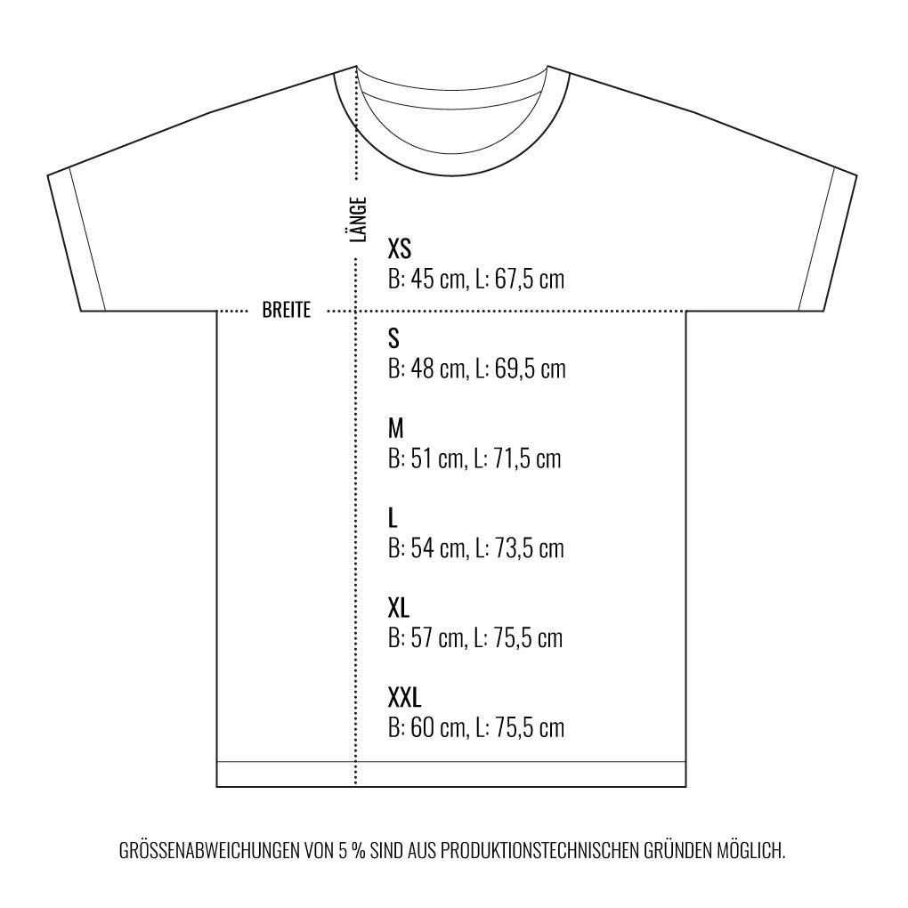 Illustration eines T-Shirts mit Größenangaben (Breite und Länge in cm) für XS bis XXL.