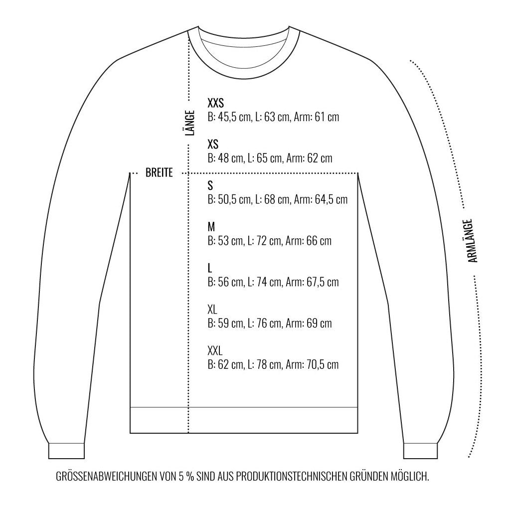 Illustration eines Pullovers mit Größentabelle von XXS bis XXL, zeigt Breite, Länge und Armlänge in Zentimetern.
