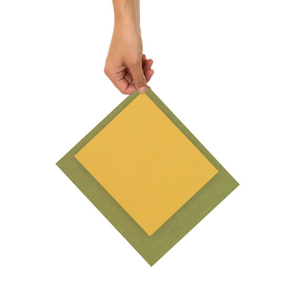 Eine Hand hält eine grüne Serviette mit einer gelben Serviette in der Mitte vor einem weißen Hintergrund.