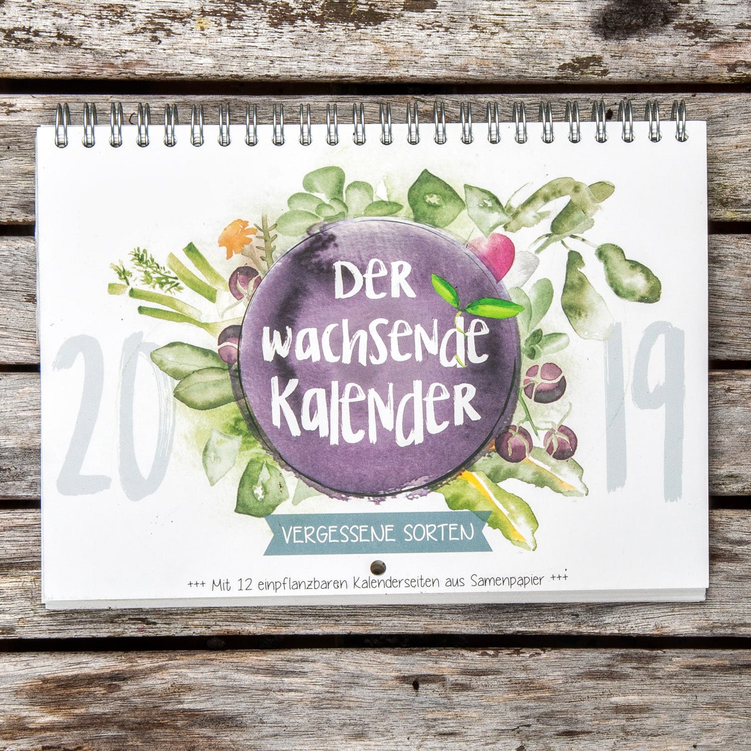 Handgemalter Kalender mit Pflanzenmotiven und dem Titel "Der wachsende Kalender", Jahr 2019.