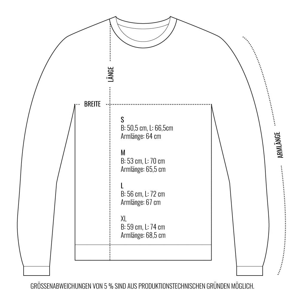 Diagramm eines Pullovers mit Größen: S (50,5x66,5 cm), M (53x70 cm), L (56x72 cm), XL (59x74 cm), mit Armlängen.